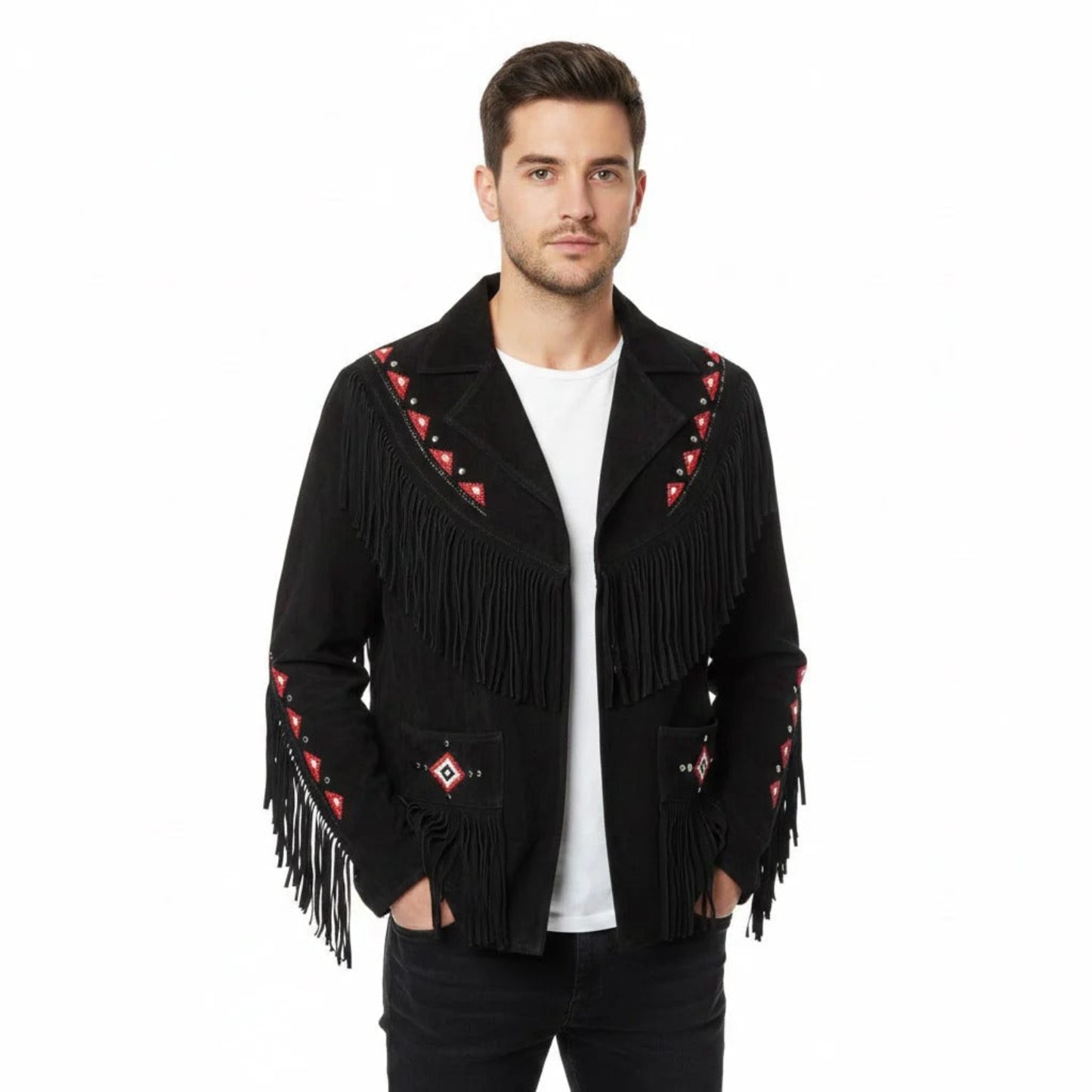 Man wearing a black fringed jacket with red accents - Native Leather Shop