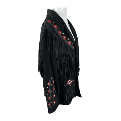 Black Western Suede Leather Fringe Eagle Beaded Cowboy Jacket NLS-234