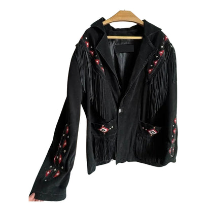 Black Western Suede Leather Fringe Eagle Beaded Cowboy Jacket NLS-234
