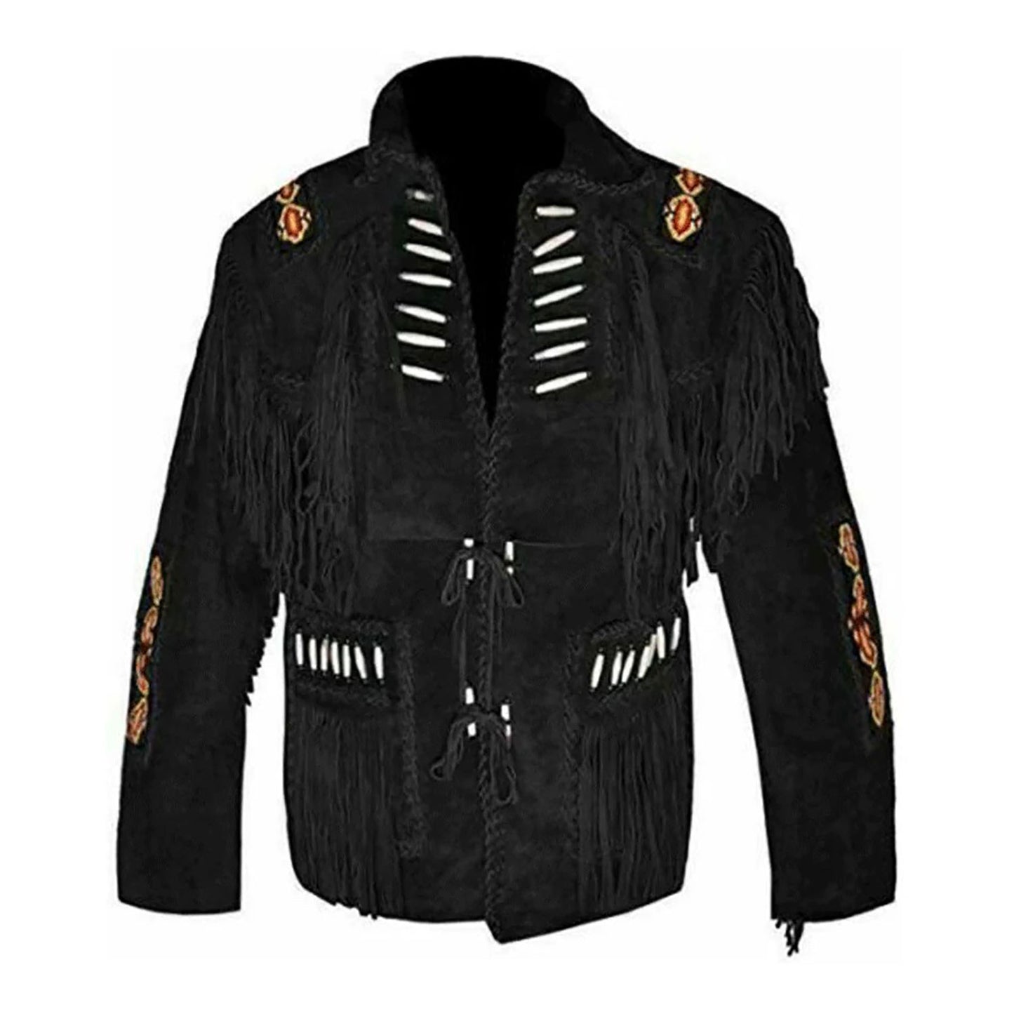 Black Western Suede Leather Fringe Eagle Beaded Cowboy Jacket NLS-236