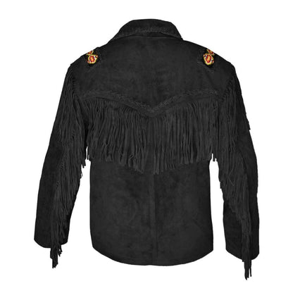 Black Western Suede Leather Fringe Eagle Beaded Cowboy Jacket NLS-236