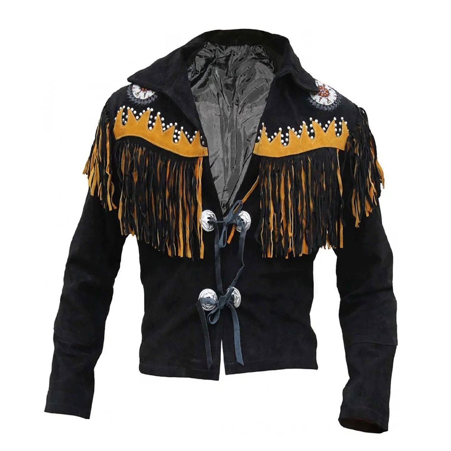 Black Western Suede Leather Fringe Eagle Beaded Cowboy Jacket NLS-237