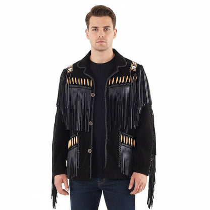 Black Western Suede Leather Fringe Eagle Beaded Cowboy Jacket NLS-238
