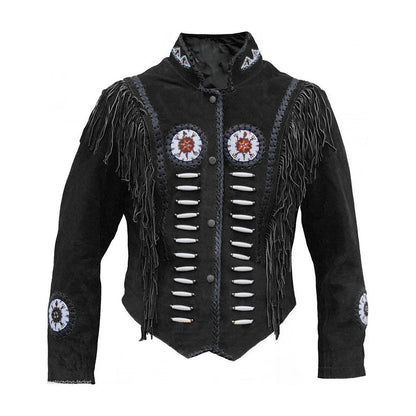 Black Western Suede Leather Fringe Eagle Beaded Cowboy Jacket NLS-239