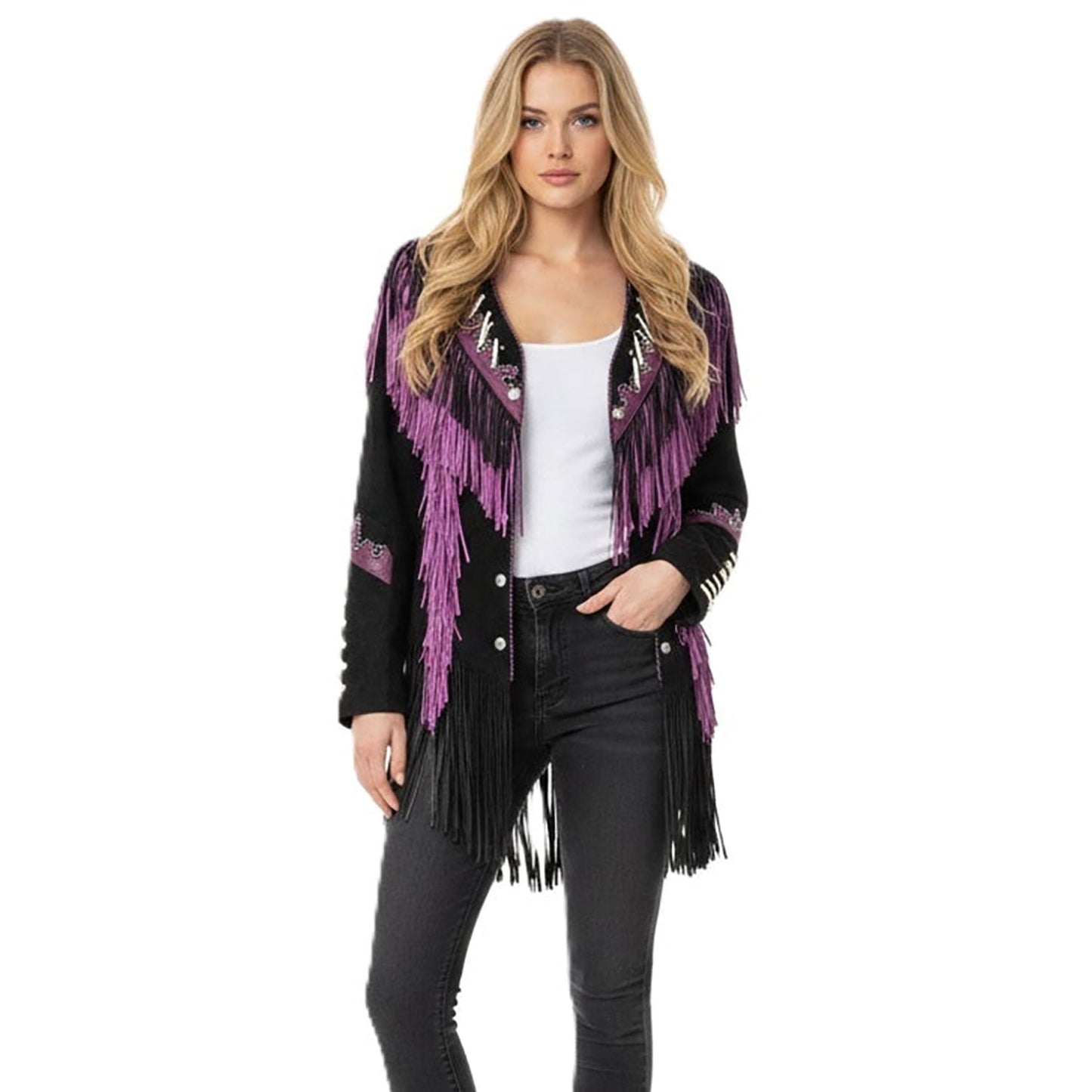 Black Women’s Suede Leather Fringes Bone Cowgirl Jacket NLS-030