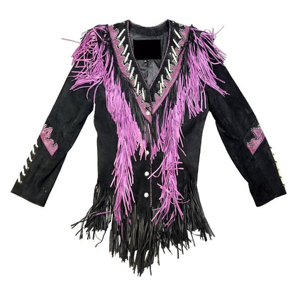 Black Women’s Suede Leather Fringes Bone Cowgirl Jacket NLS-030