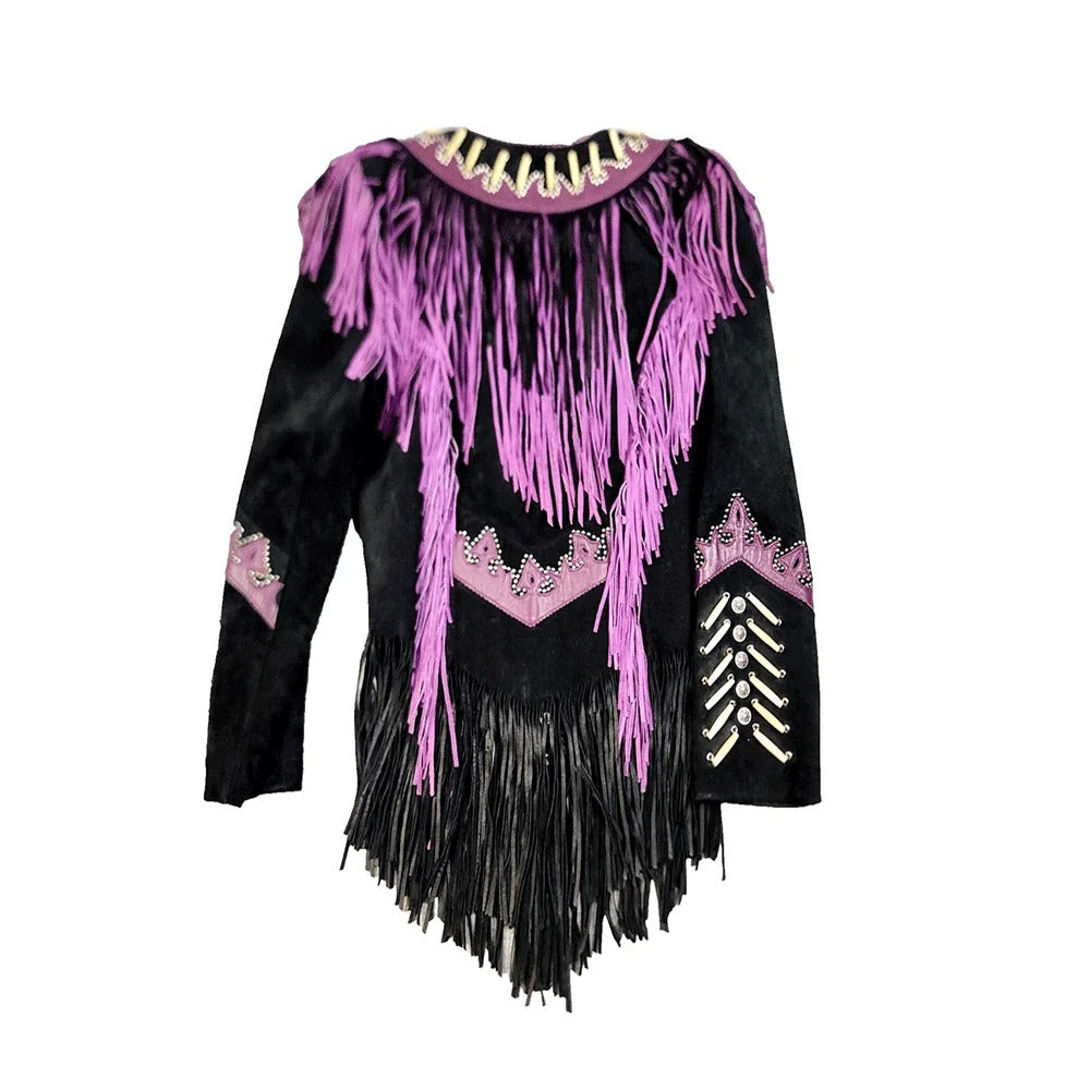 Black Women’s Suede Leather Fringes Bone Cowgirl Jacket NLS-030