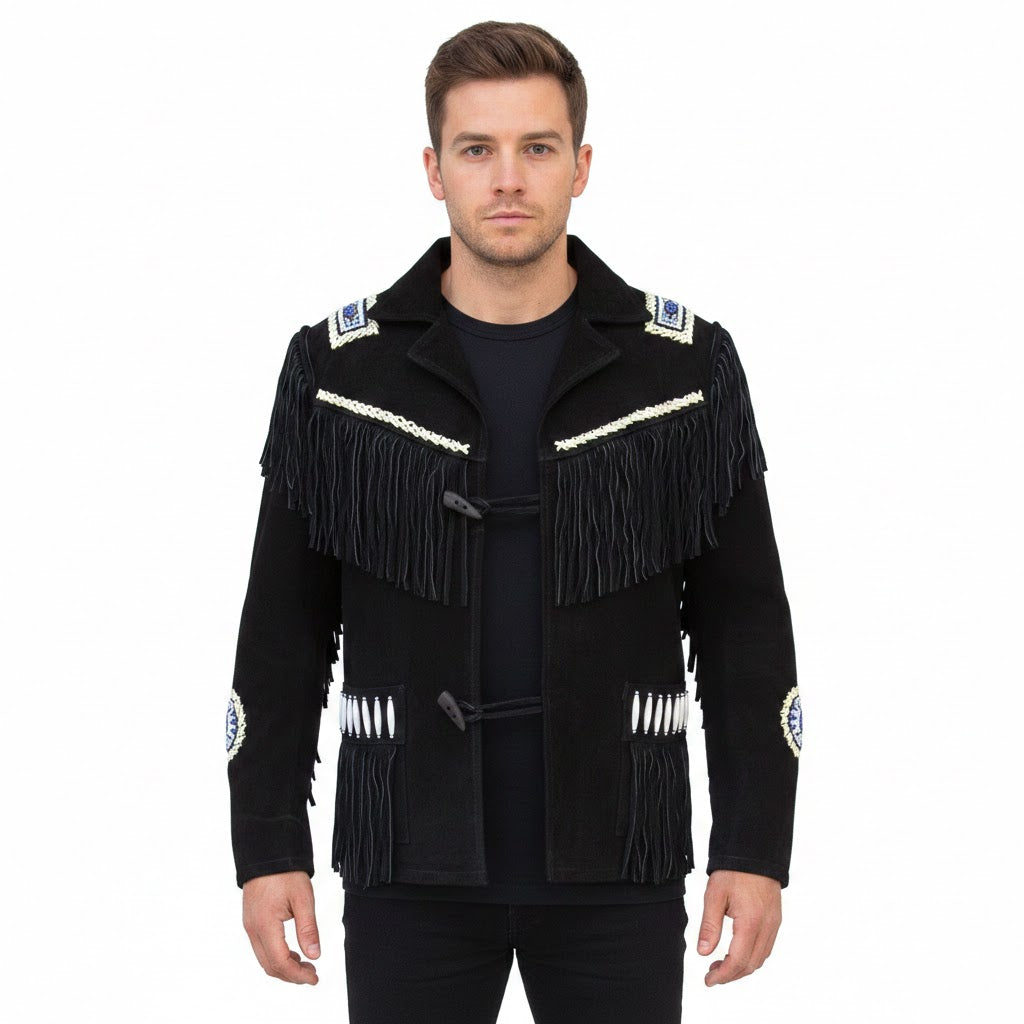 Black Western Fringe Beaded Suede Leather Cowboy Jacket NLS-261