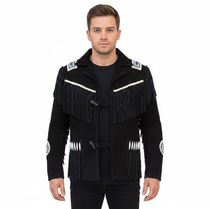 Black Western Fringe Beaded Suede Leather Cowboy Jacket NLS-261