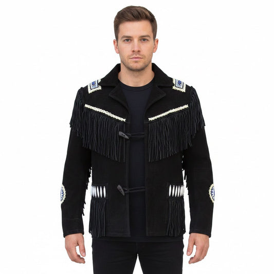 Black Western Fringe Beaded Suede Leather Cowboy Jacket NLS-261