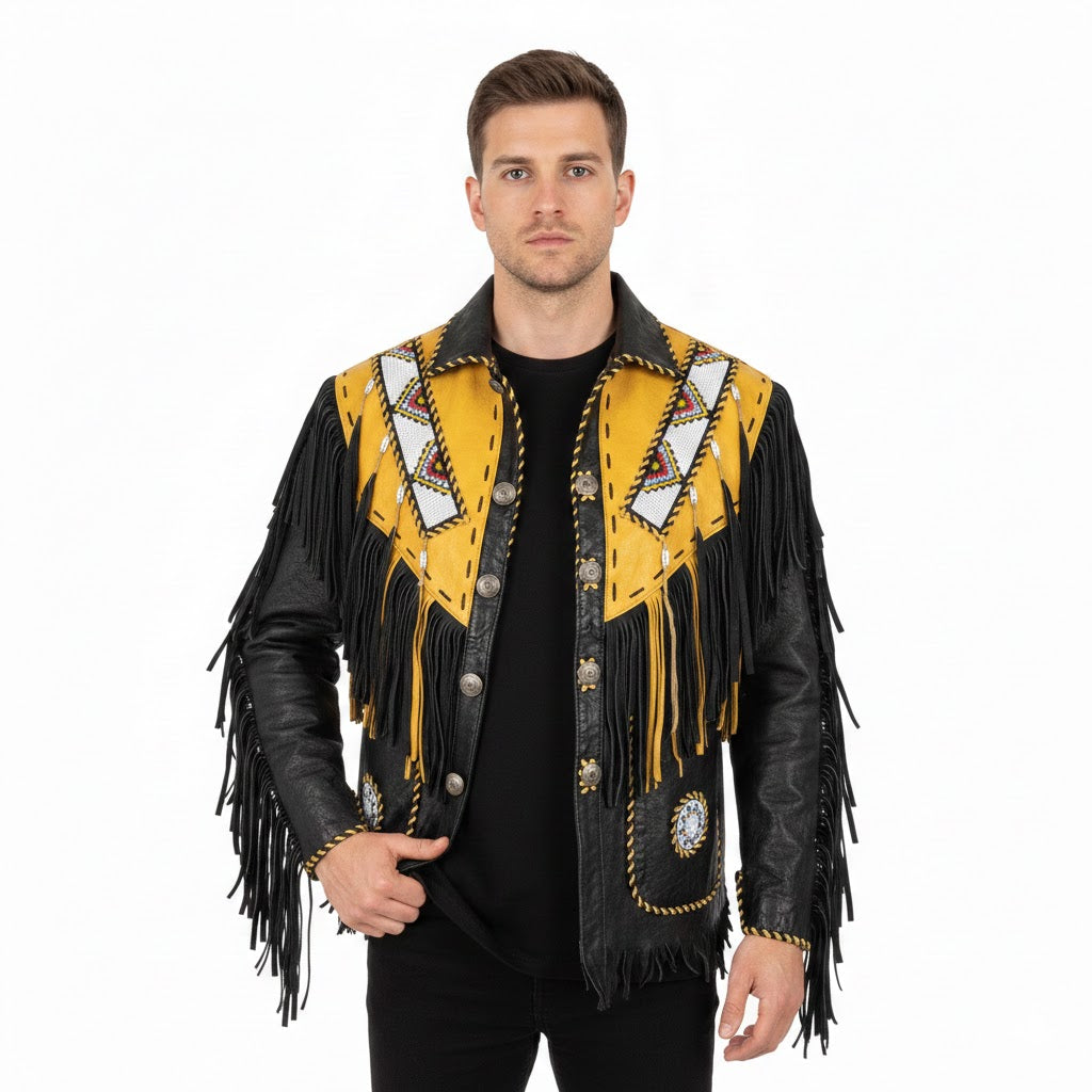 Man wearing a yellow and black fringed jacket - Native Leather Shop