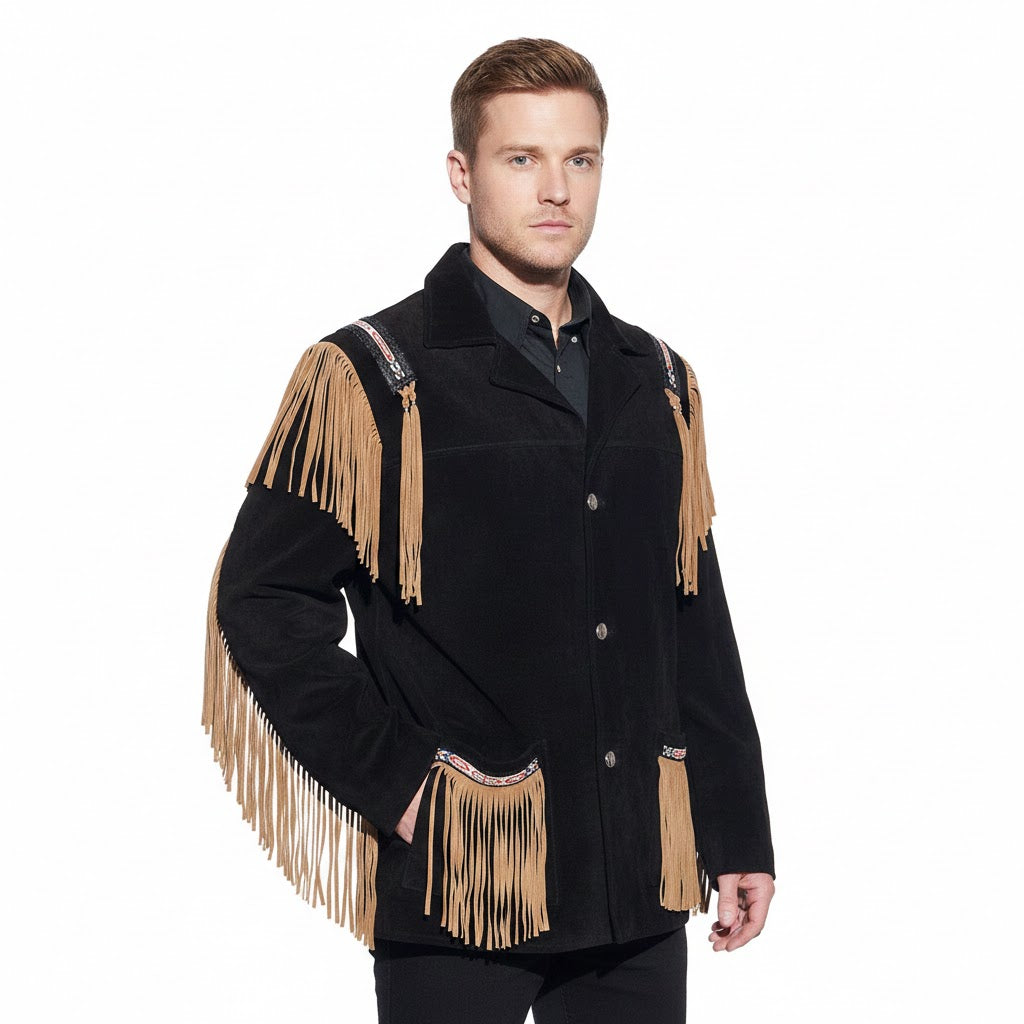 Black Western Fringe Beaded Suede Leather Cowboy Jacket NLS-264