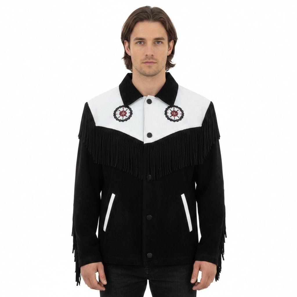 Black Western Fringe Beaded Suede Leather Cowboy Jacket NLS-267