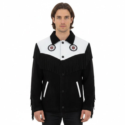 Black Western Fringe Beaded Suede Leather Cowboy Jacket NLS-267