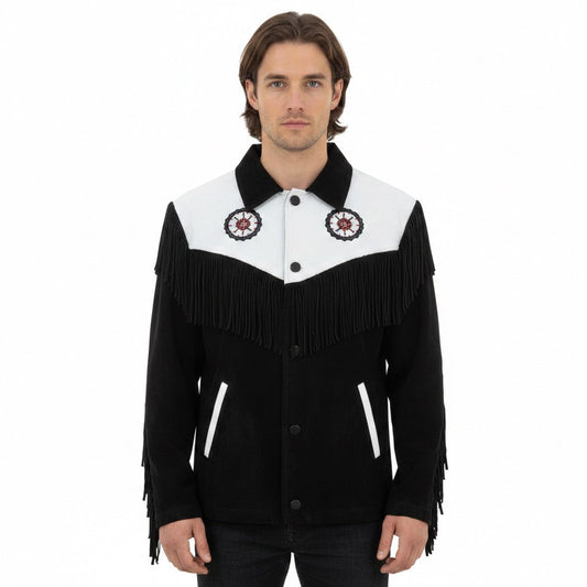 Black Western Fringe Beaded Suede Leather Cowboy Jacket NLS-267