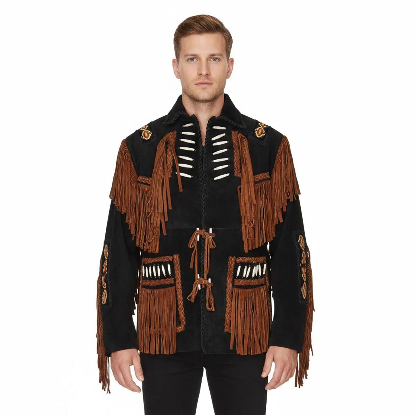 Black Western Fringe Beaded Suede Leather Jacket Cowboy Jacket NLS-269