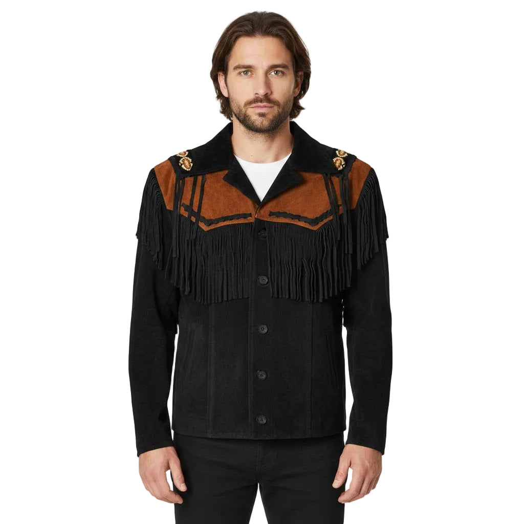 Black Western Fringe Beaded Suede Leather Jacket Cowboy Jacket NLS-271