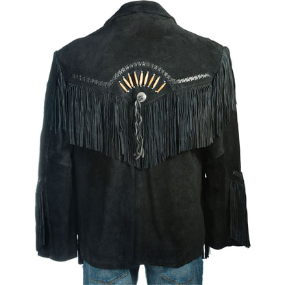 Black Western Fringe Bone Suede Leather Cowboy Jacket NLS-253
