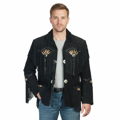 Black Western Fringe Bone Suede Leather Cowboy Jacket NLS-253