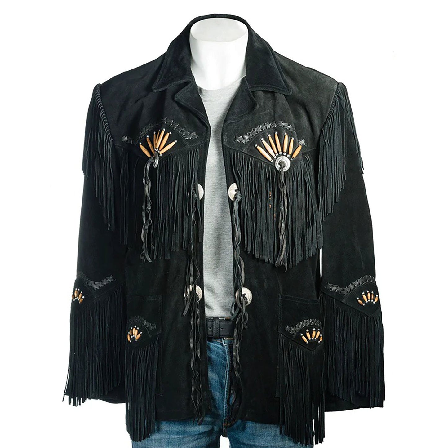 Black Western Fringe Bone Suede Leather Cowboy Jacket NLS-253