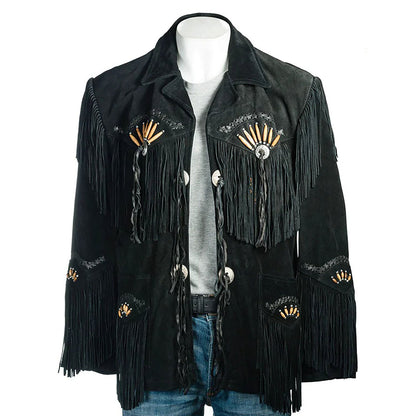Black Western Fringe Bone Suede Leather Cowboy Jacket NLS-253