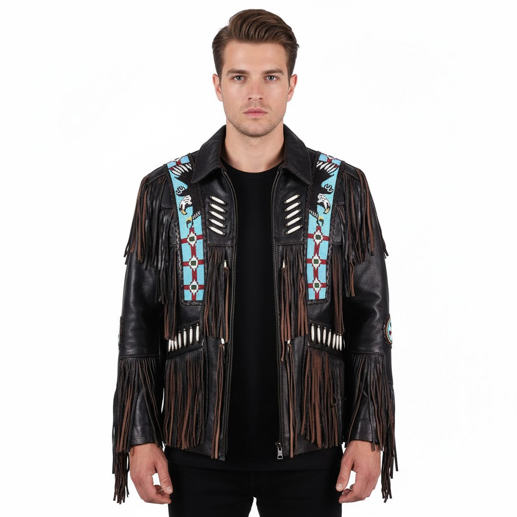 Black Western Fringe Eagle Beaded Leather Cowboy Jacket NLS-251