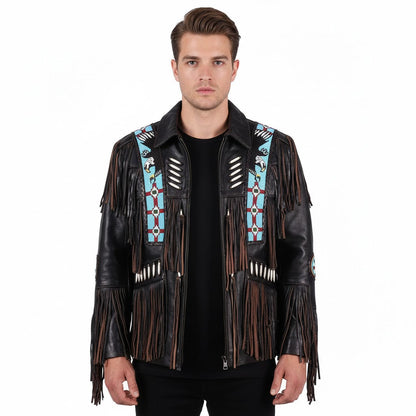 Black Western Fringe Eagle Beaded Leather Cowboy Jacket NLS-251