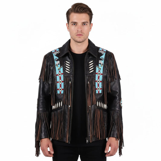 Black Western Fringe Eagle Beaded Leather Cowboy Jacket NLS-251