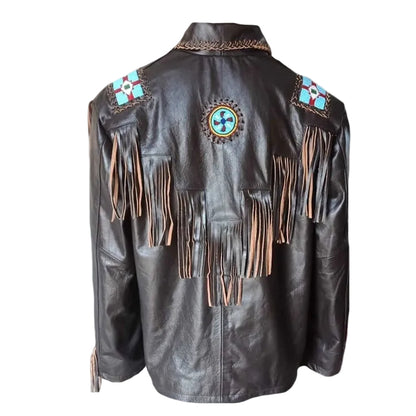 Black Western Fringe Eagle Beaded Leather Cowboy Jacket NLS-251