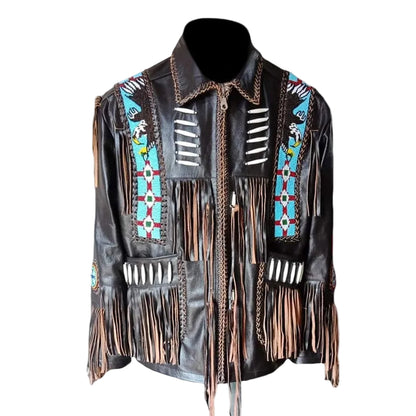 Black Western Fringe Eagle Beaded Leather Cowboy Jacket NLS-251