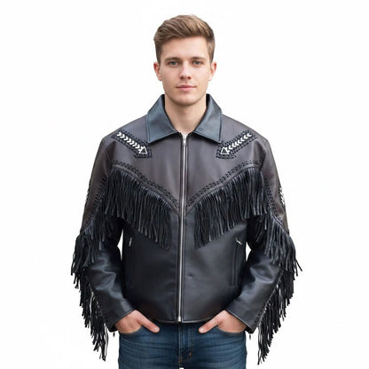 Man wearing a black leather jacket with fringe details - Native Leather Shop