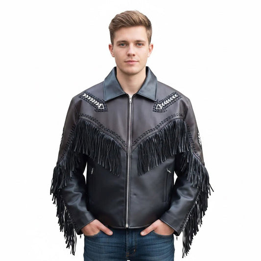 Man wearing a black leather jacket with fringe details - Native Leather Shop