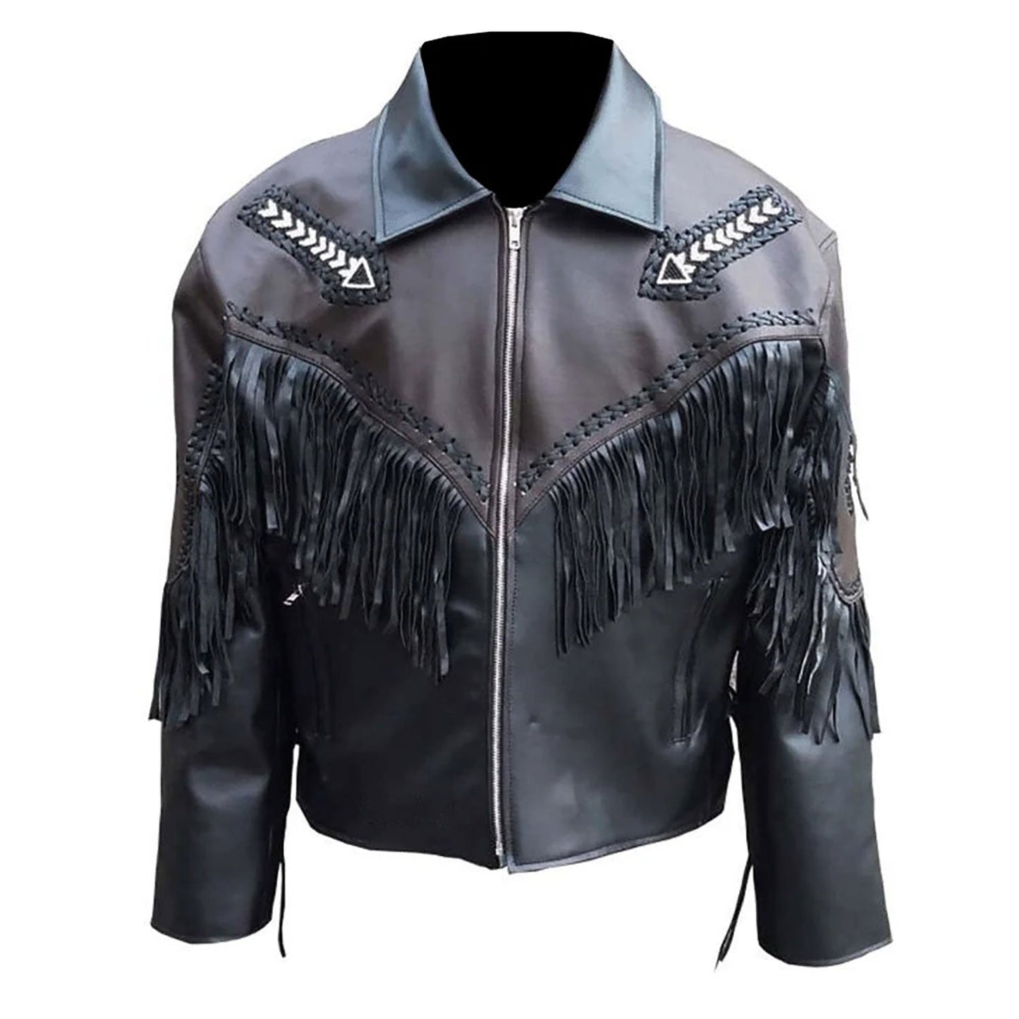 Black leather jacket with fringe and embroidery - Native Leather Shop