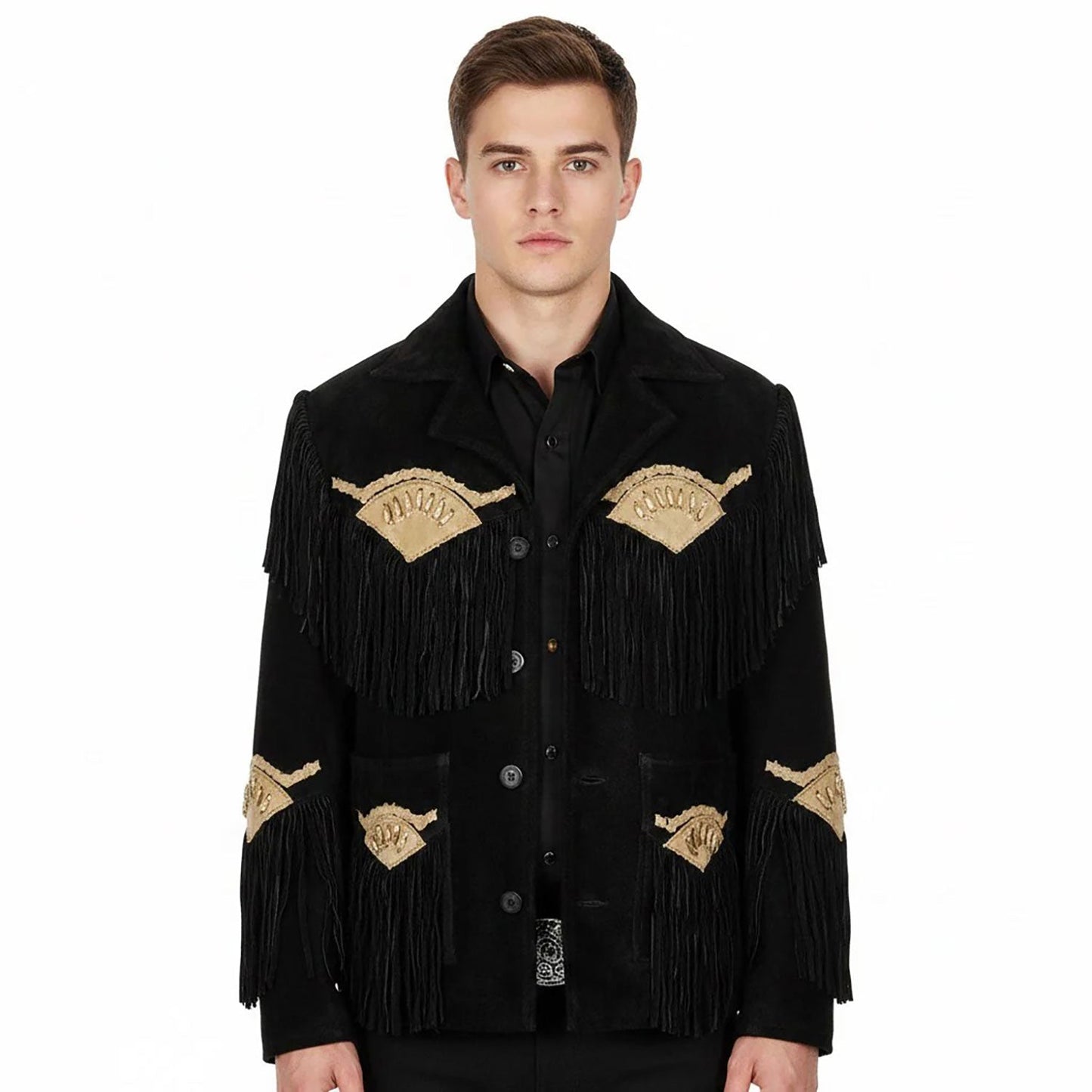 Black Western Suede Leather Fringe Cowboy Jacket NLS-224