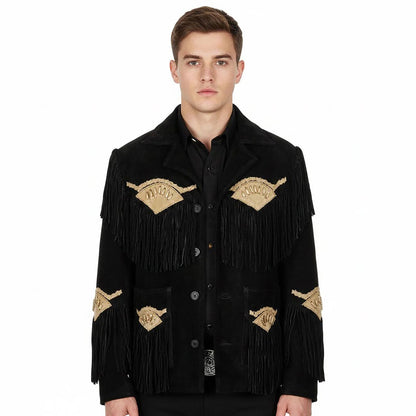 Black Western Suede Leather Fringe Cowboy Jacket NLS-224