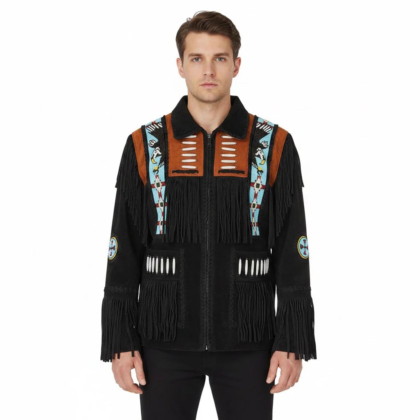 Black Western Suede Leather Fringe Eagle Beaded Cowboy Jacket NLS-230