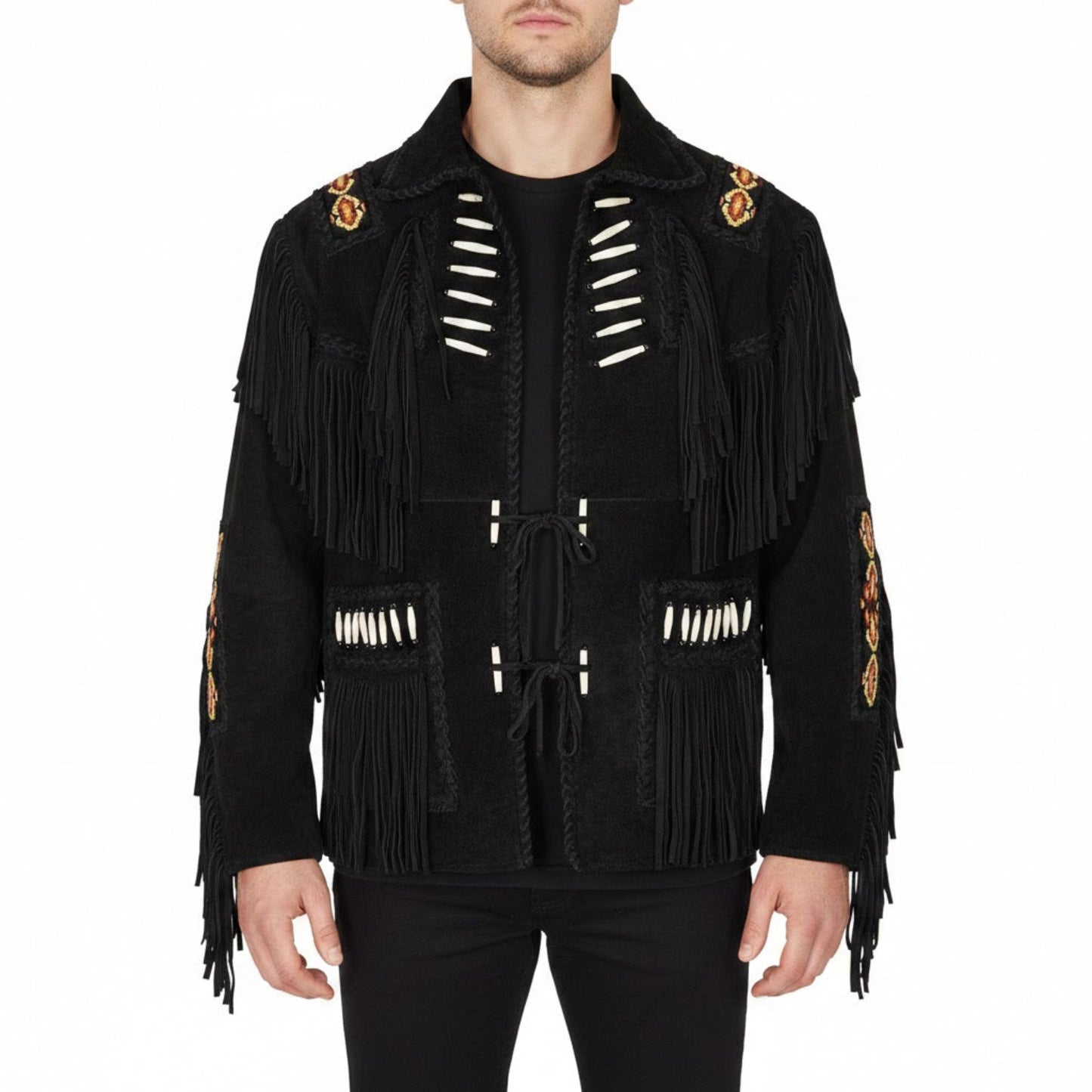 Black fringed jacket with decorative elements - Native Leather Shop