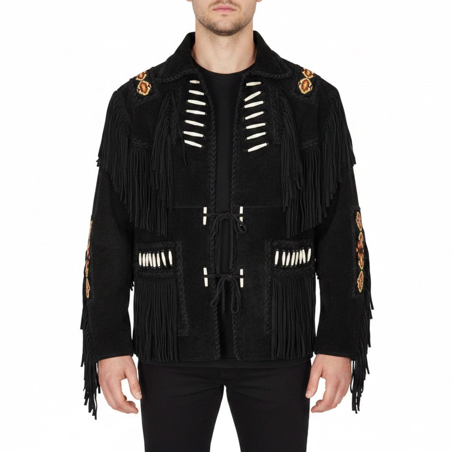 Black fringed jacket with decorative elements - Native Leather Shop