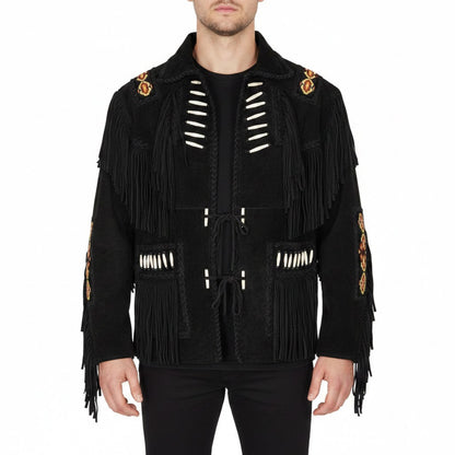 Black fringed jacket with decorative elements - Native Leather Shop