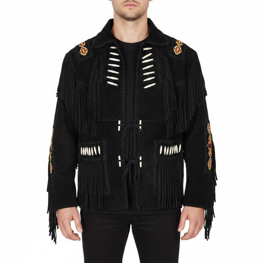 Black fringed jacket with decorative elements - Native Leather Shop