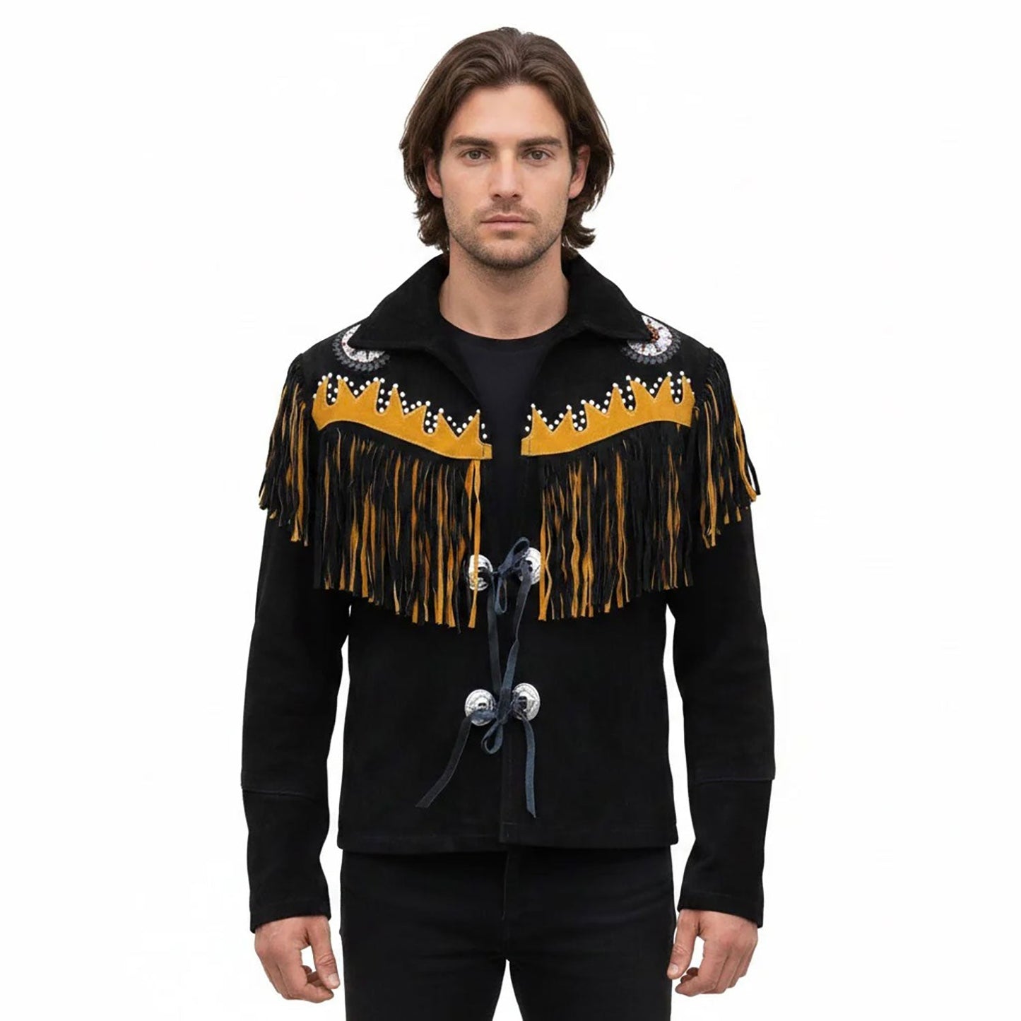 Black Western Suede Leather Fringe Eagle Beaded Cowboy Jacket NLS-237