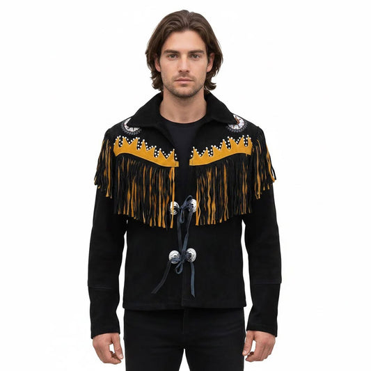 Black Western Suede Leather Fringe Eagle Beaded Cowboy Jacket NLS-237