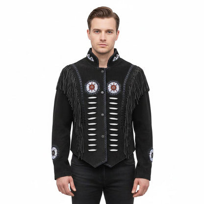 Black Western Suede Leather Fringe Eagle Beaded Cowboy Jacket NLS-239