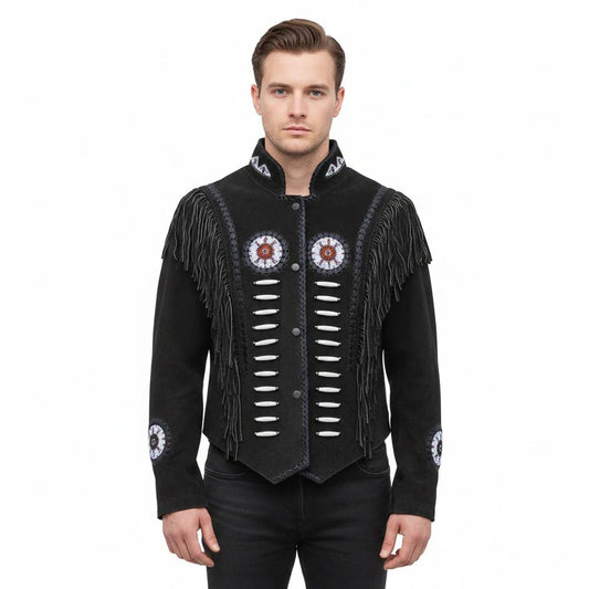 Black Western Suede Leather Fringe Eagle Beaded Cowboy Jacket NLS-239