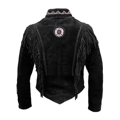 Black Western Suede Leather Fringe Eagle Beaded Cowboy Jacket NLS-239