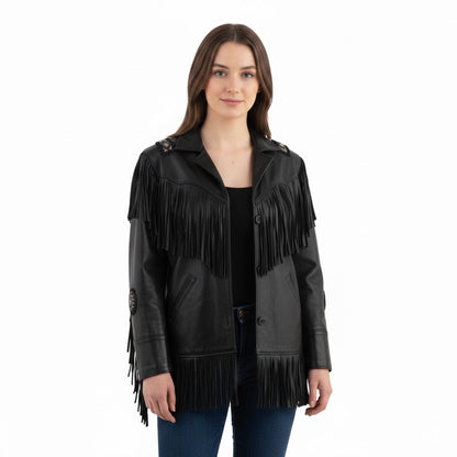 Black Women’s Western Fringe Leather Jacket NLS-019