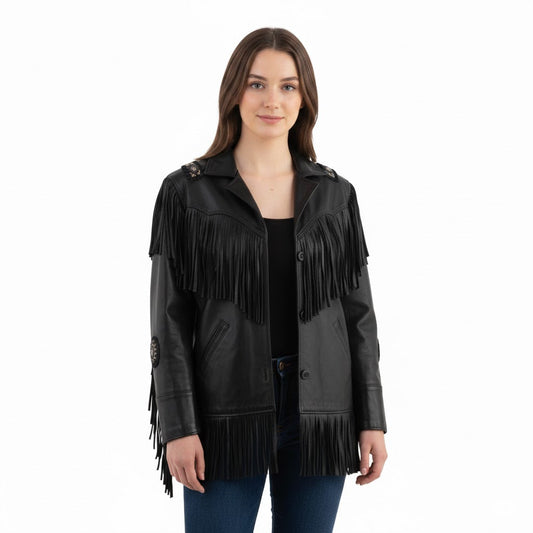 Black Women’s Western Fringe Leather Jacket NLS-019