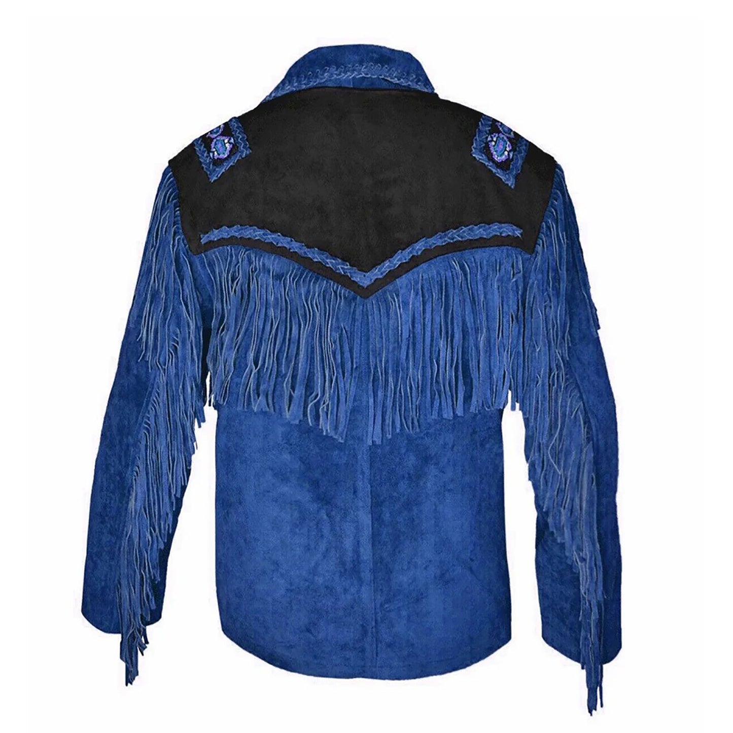 Blue Western Suede Leather Fringe Beaded Cowboy Jacket NLS-219