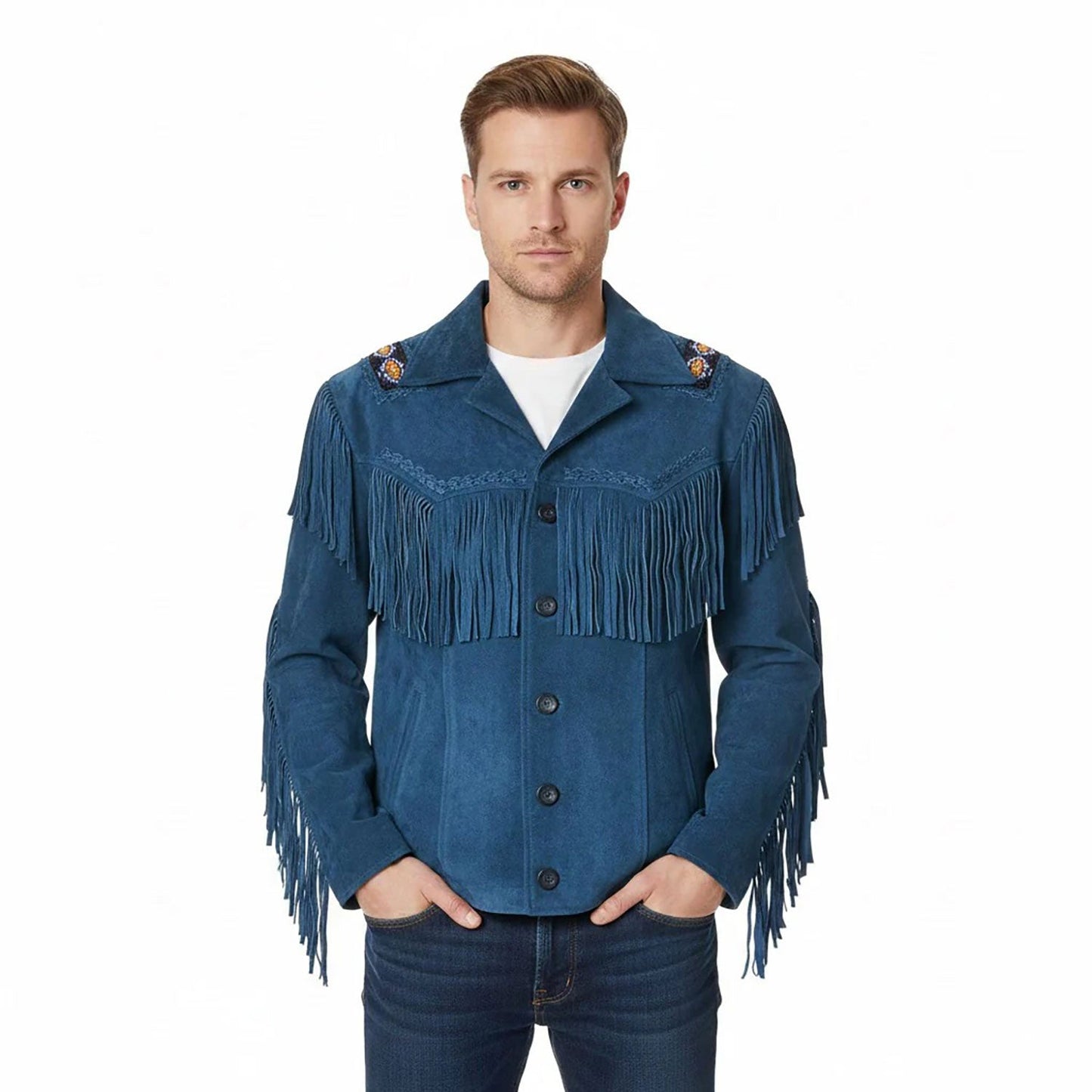 Blue Western Suede Leather Fringe Beaded Cowboy Jacket NLS-220