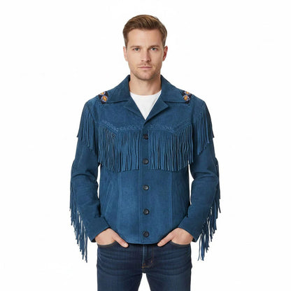 Blue Western Suede Leather Fringe Beaded Cowboy Jacket NLS-220